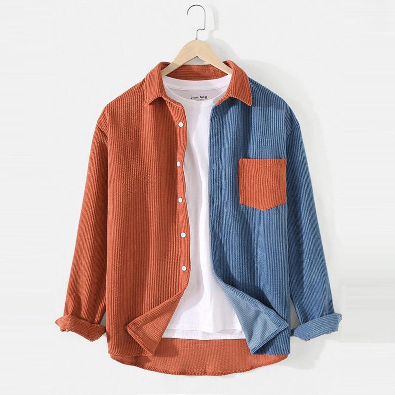 

Spring Autumn Men s Jacket Corduroy Stripe Double Color Shirts Pocket Single-breasted Lapel Soft and Confortable Casual Coat M помаранчевий