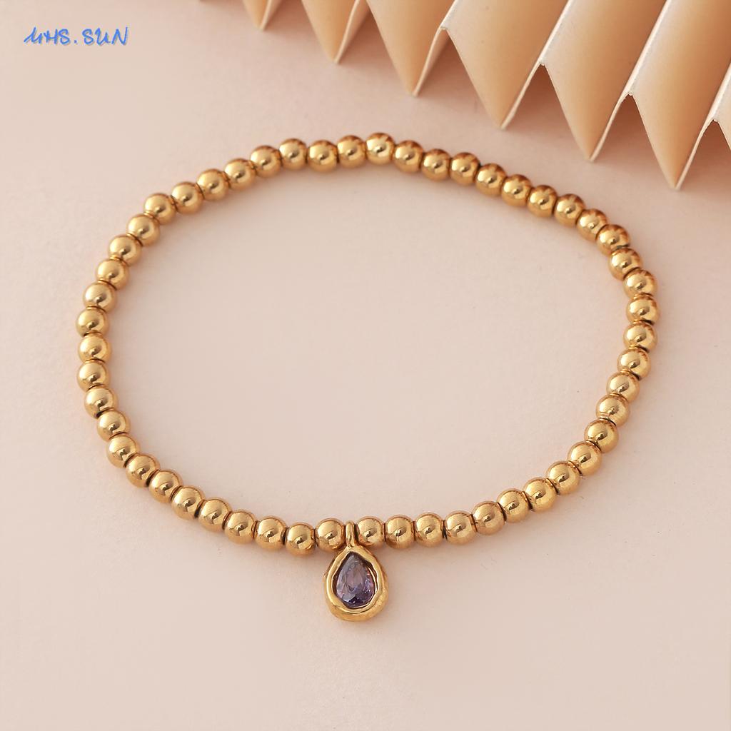 MHS.SUN Stainless Steel Gold Plated 12 Months Birthstone Beaded Bracelets For Women Men Zircon Water Droplet Charm Trend Jewelry