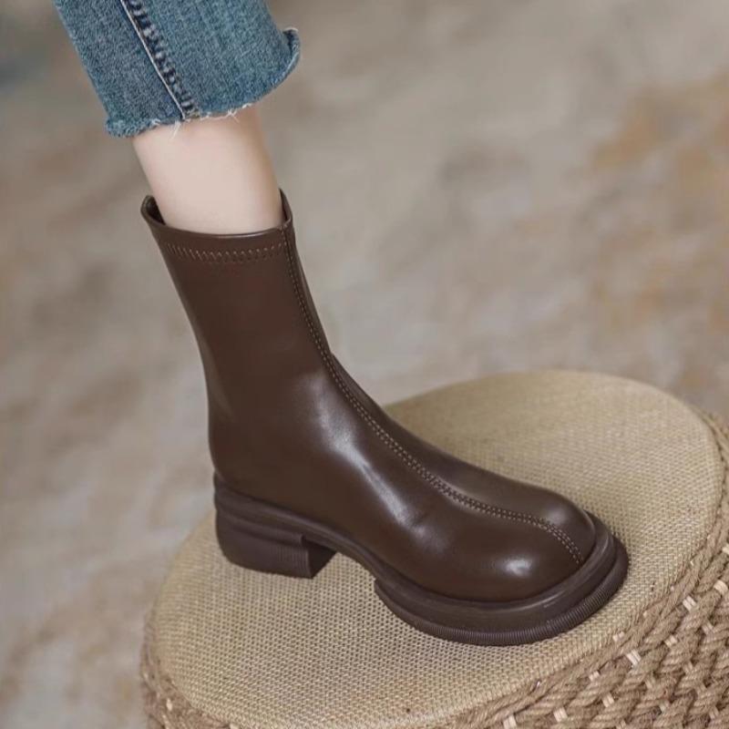 

2026 New Women s Boots Hot Sale Fashion Style Zipper Elastic Boots Vintage Autumn Round Toe Short Barrel Chunky Heels Boots 35