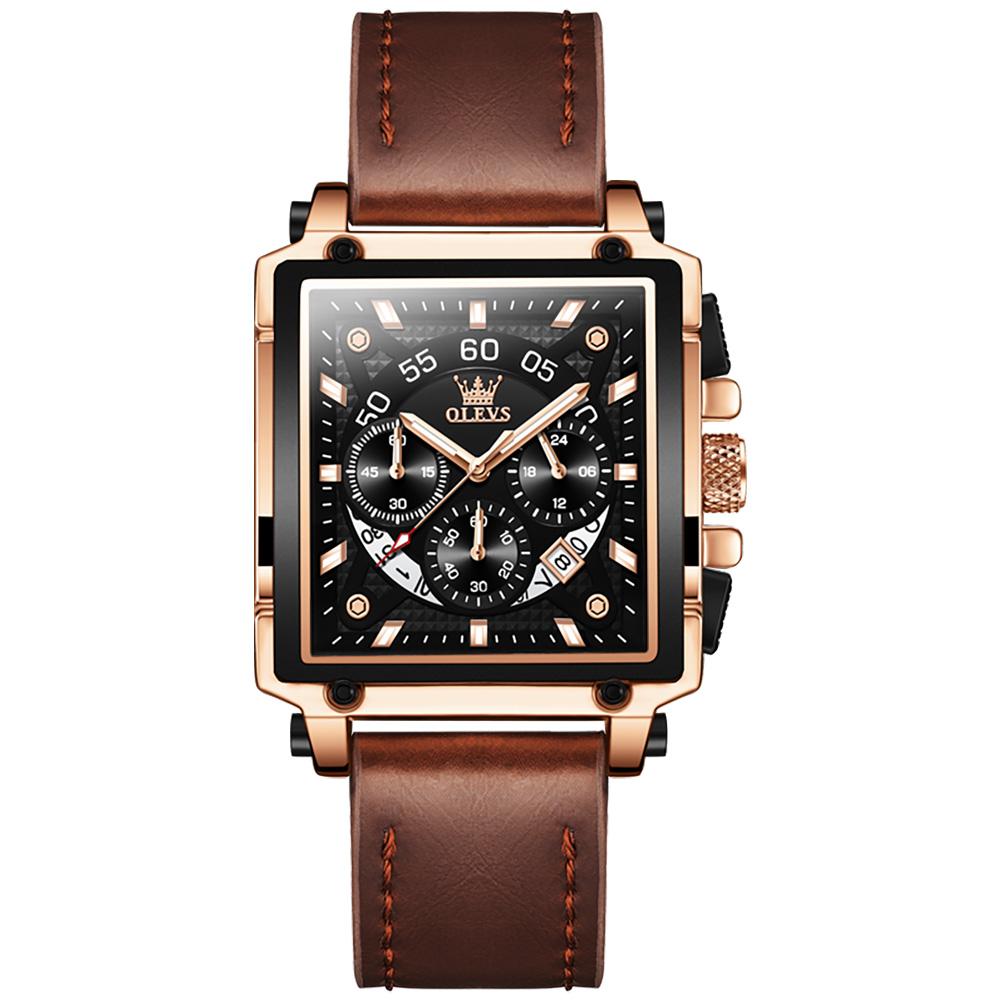 OLEVS 9919 OEM-Logo Armband Klassische Uhr Echtes Leder Kalender Multifunktionaler Chronograph Quadratische Quarzuhr für Mann