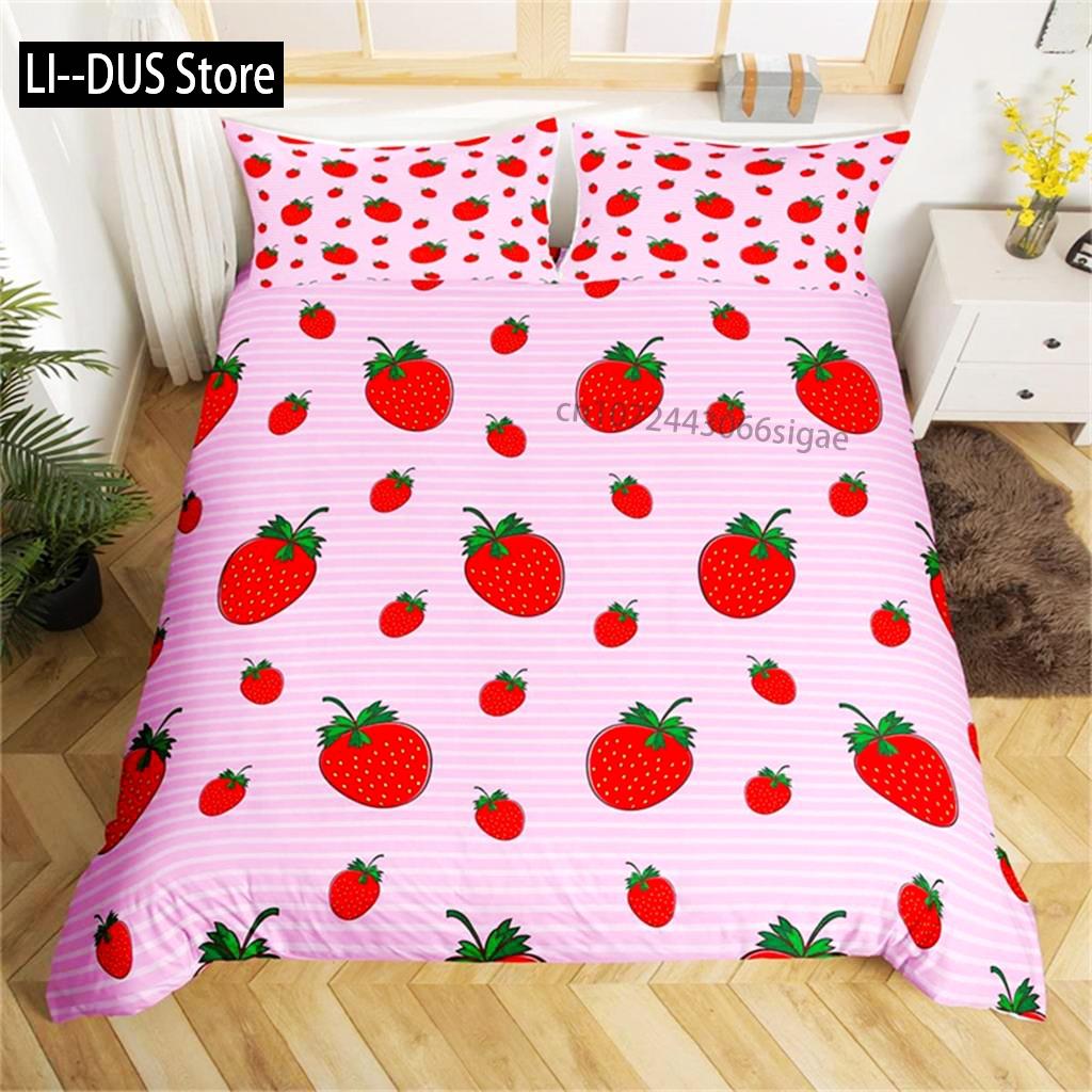 Duvet Cover Lovely Cartoon Strawberry Bedding For Girl Teen Set Microfiber Blue Star Yellow Floral Quilt Cover Bedroom Decor