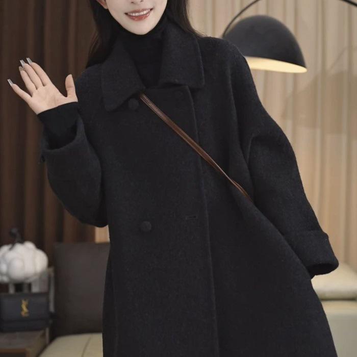 Plus Size Women's Korean Style Slimming Mid-Length Woolen Coat for Autumn/Winter - Loose Fit, Petite Long Jacket.