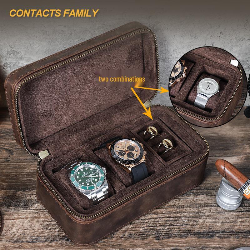 Vintage Crazy Horse Leather Watch and Jewelry Travel Box - Genuine Three-Piece Storage, Portable Ornament Gift Case.