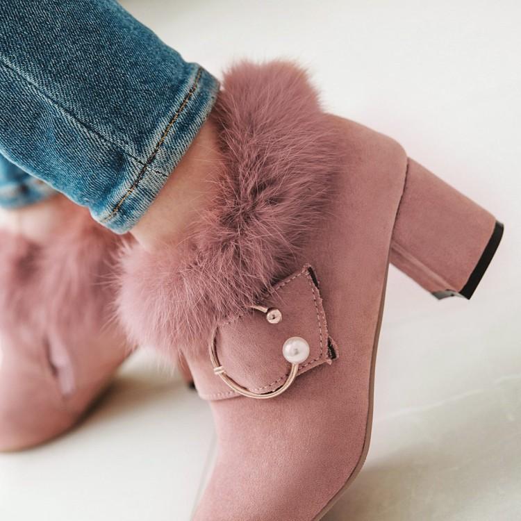 Autumn medium heel short boots women's boots fluffy neckline large size - metal beads Chengdu women's shoes