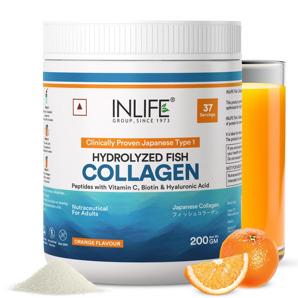 INLIFE Japanese Marine Fish Collagen Powder, Clinically Studied Peptides Type 1, Biotin Hyaluronic Acid Vitamin C, Skin Hair & Joint Health, Oran