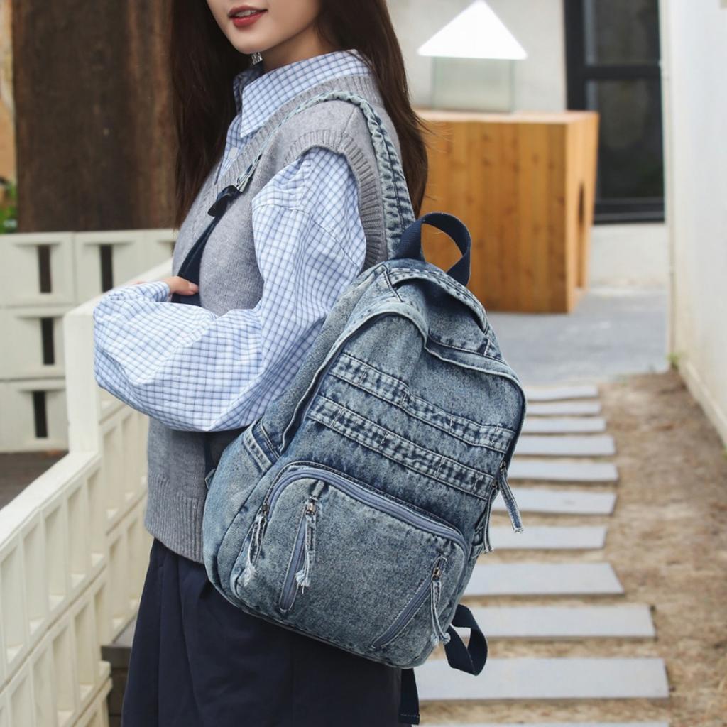 Schoolbag Retro Washed Denim Backpack College Student Couple American Street Style Class Travel Relaxation Backpack