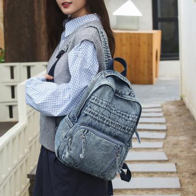 Schoolbag Retro Washed Denim Backpack College Student Couple American Street Style Class Travel Relaxation Backpack