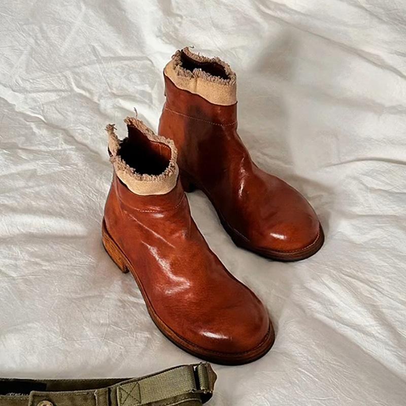 

Cowhide version~ retro and old washed horse leather splicing Martin boots 2025 autumn and winter new British style versatile short boots 40 коричневий