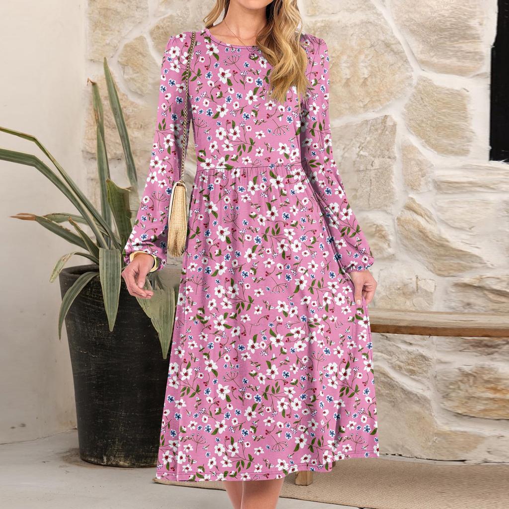 Women's fashionable loose retro printed round-neck dress
