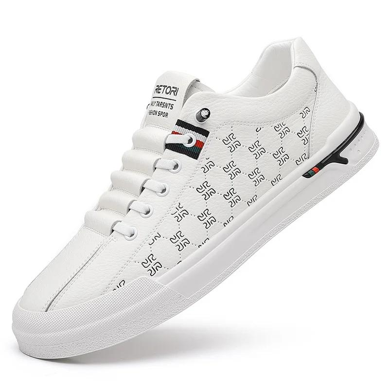 Fashion Spring New Shoes for Men Genuine Leather Casual Shoes Fashion Knurling Flat Skateboard Shoes Youth Lace-up Sneakers