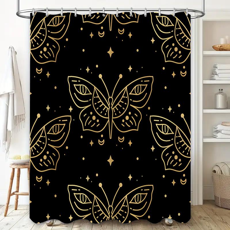 Golden Butterfly Pattern Shower Curtain Decorative Home Accessories For Bathrooms In Various Sizes Black And Gold Design With St