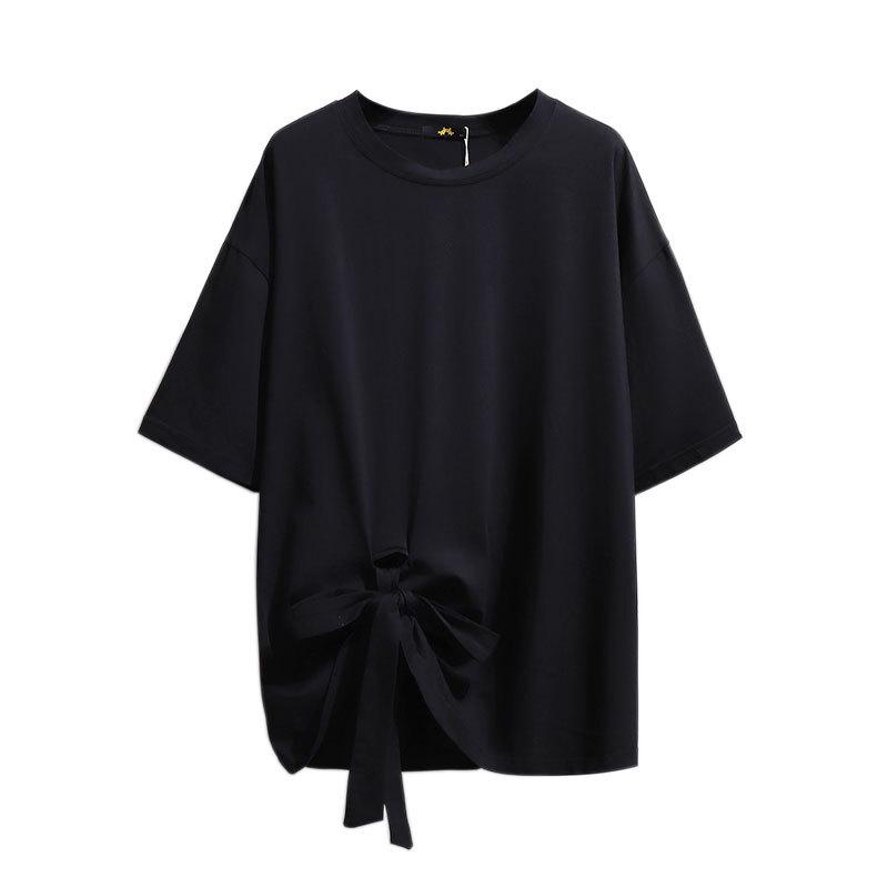 Plus Size Lace-Up Bow T-Shirt for Women - 2024 Summer Slimming Casual Top