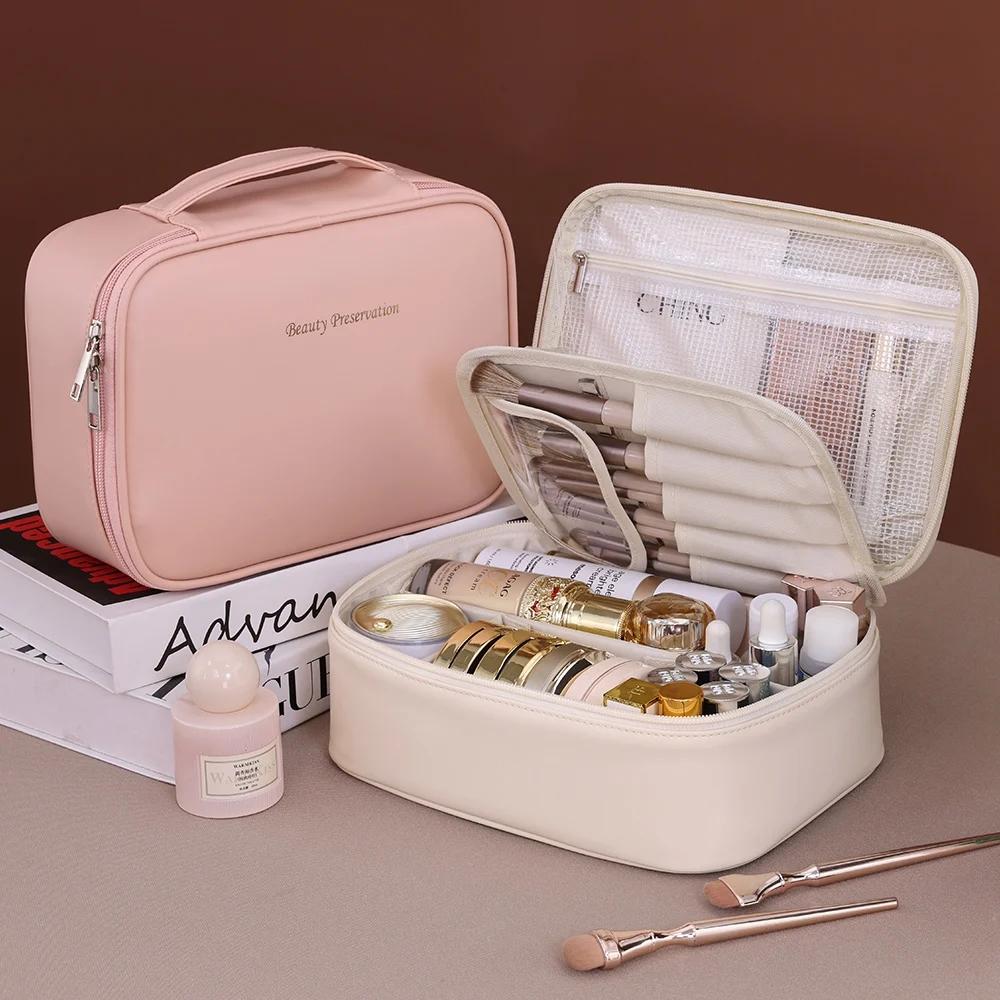 Women PU Leather Double Layer Travel Makeup Wash Clear Cosmetic Bag With Zipper Multi-Compartment Waterproof Toiletry Organizer