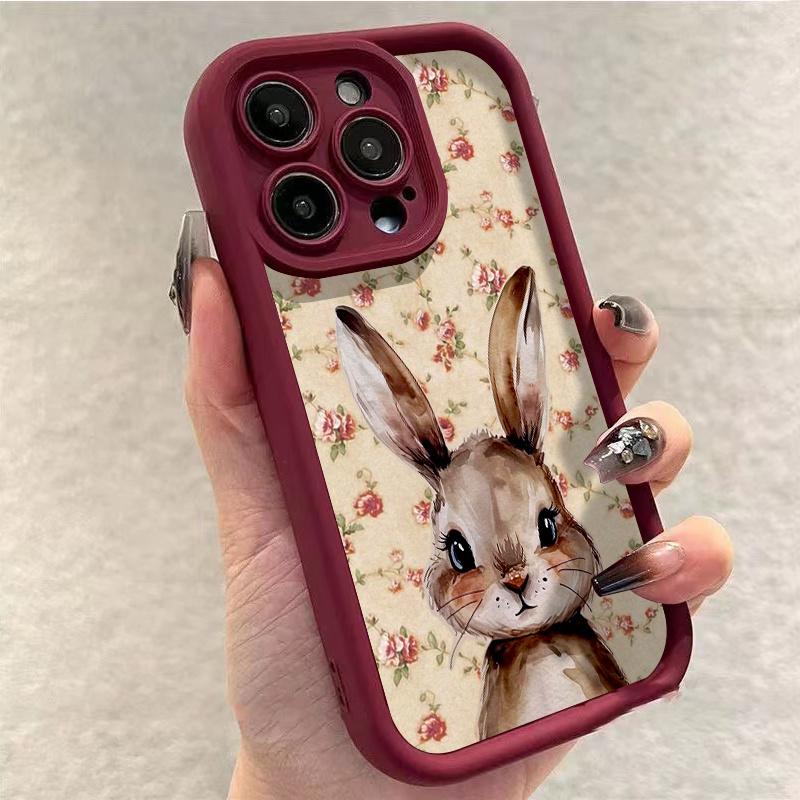 Retro Floral Rabbit Pattern Silicone Phone Case For Samsung Galaxy S25 S24 S23 S22 S21 Ultra Plus S20 FE A55 A54 A15 A35 Cover