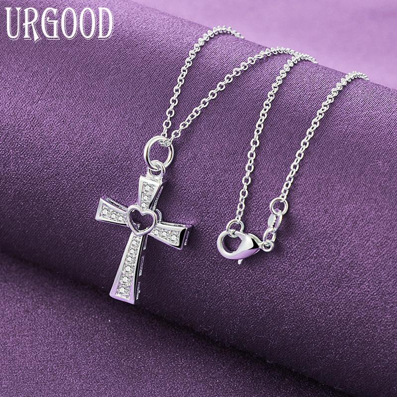 925 Sterling Silber Kreuz Herz Zirkon Anhänger Halskette Hochzeit Modeschmuck