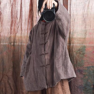 Women Chinese Style Stand Parkas Vintage Button Long Sleeve Coats Solid Color Loose Plus Cotton Parkas