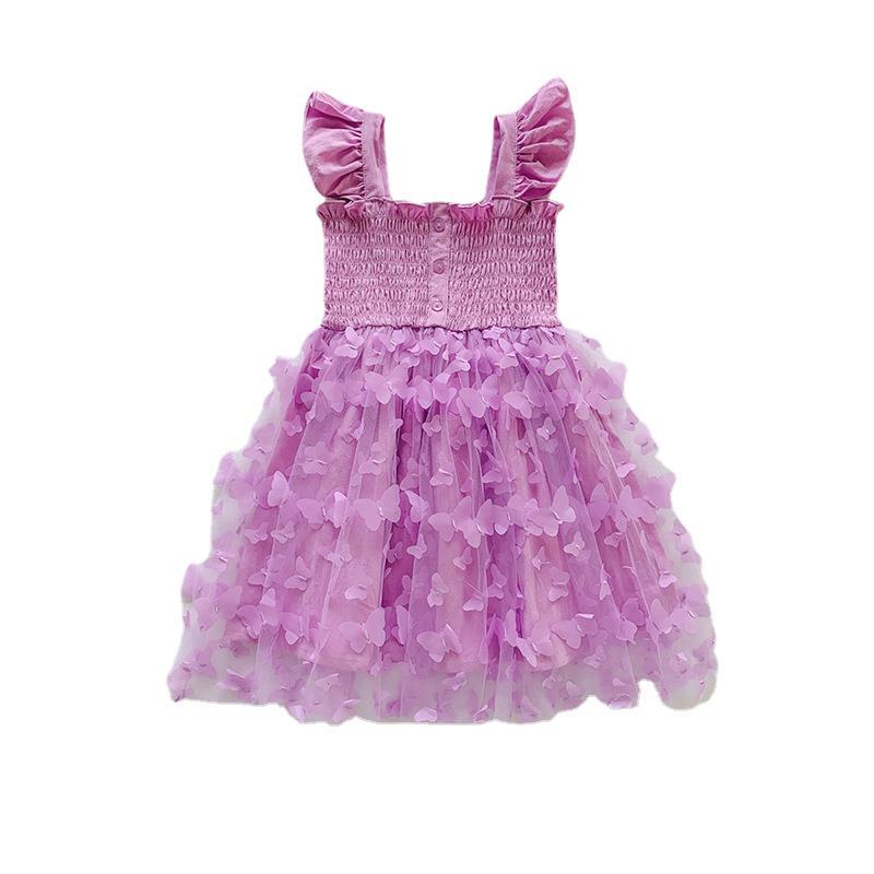 3D Butterfly Mesh Puff Sleeve Girls' Dress - 2025 Summer Smocked Waist Baby Princess Style