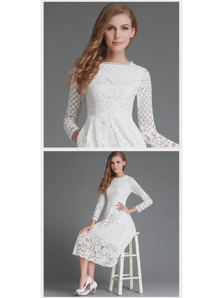 2025 Fall European & American Women's Lace Slim Midi Dress with Hollow Round Neck & Long Sleeves