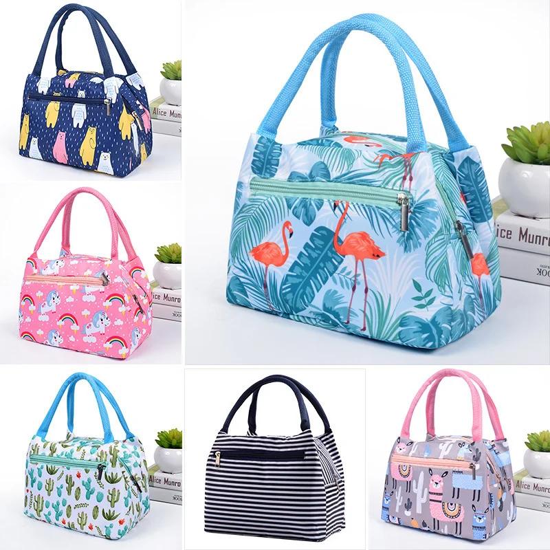 Portable Insulated Lunch Bag Work School Cute Girls Casual Cartoon Animal Striped Waterproof Canvas Insulated Lunch Bag