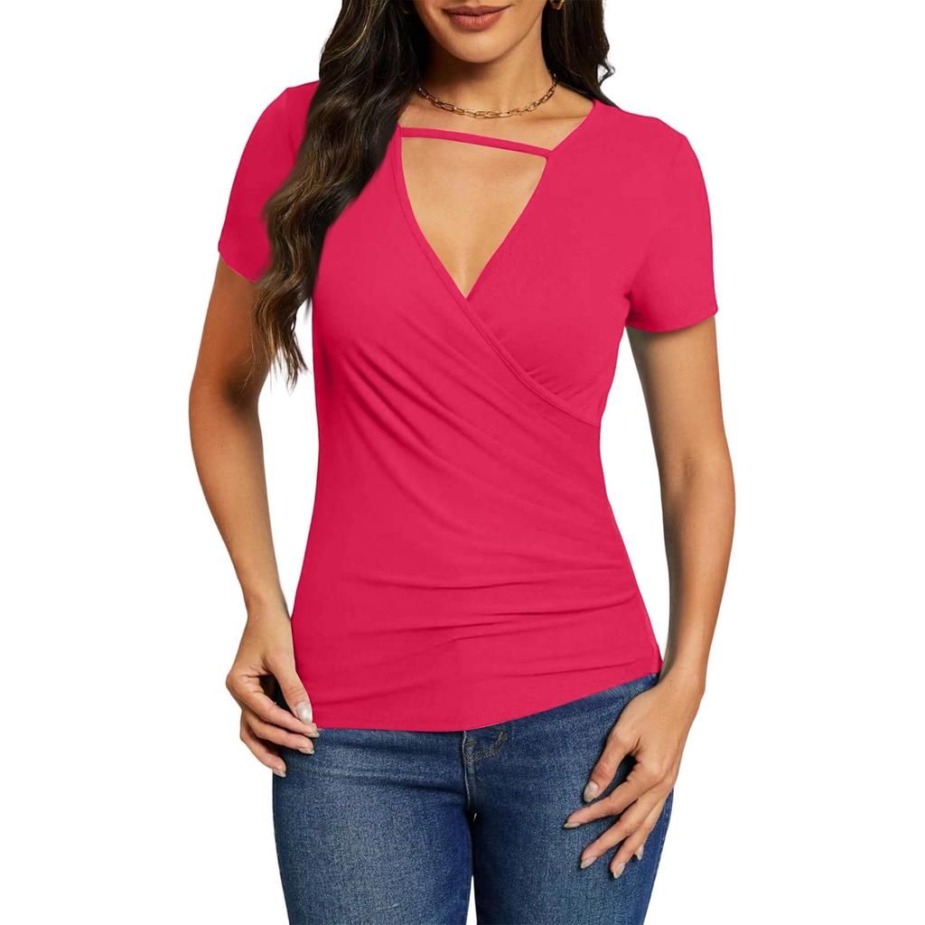 Camiseta de manga corta con cuello cruzado y escote en V, estilo sexy y plisado cruzado, ideal para el verano.