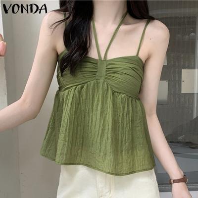 Women Summer Off-shoulder Pleated Solid Color Camisoles