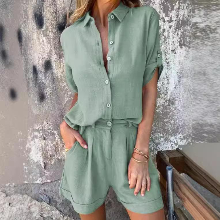 

Женская белая рубашка свободного кроя и шорты с широкими штанинами, повседневный летний комплект 5XL зелёный