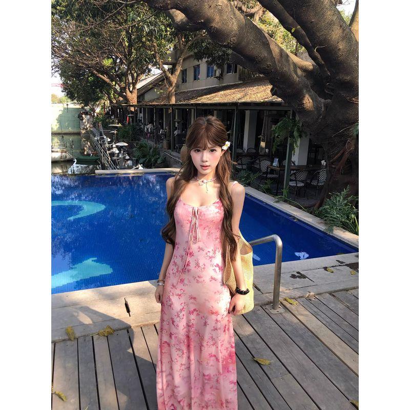 Kumikumi Holiday Style Pink Floral Sling Dress Women Summer Age-Reducing Chic Slim Fit Slimming Long Skirt