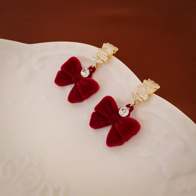 14K Gold-Plated Diamond Bow Heart Flower Earrings In Ankara Red