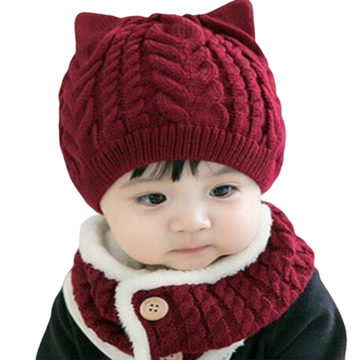 

miaotti Baby Knit Hat and Neck Warmer Set for with Cold One Size Fits All Ages Newborns, Winter, Ears, Protection, 0-2 (Wine Red)