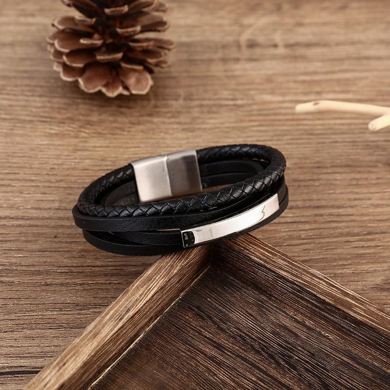 Mens Wide Leather Bracelet Handmade Multi-Layer Woven Cuff Geometric Design Steel Tone Adjustable Size