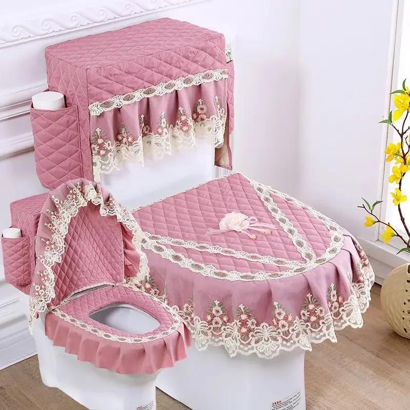 Lace 3D Embroidered Toilet Three Piece Set U-shaped Zipper Closestool Cover with Storage Bag Feather Wave Edge Dust Cushion