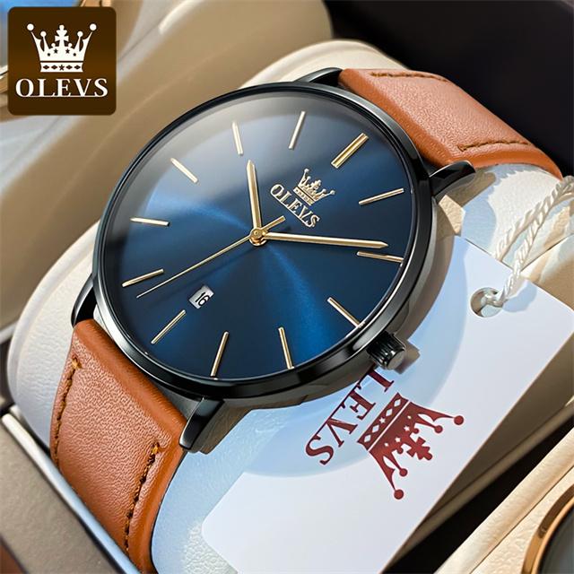 OLEVS 5869 Ultra Thin 6.5mm Minimalist Fashion Quartz Watch for Men Leather Strap Auto Date Male Waterproof Men's Wristwatches