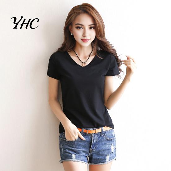 Round Neck Tee Women Summer T-shirt V-neck Short Sleeve Slim Fit Shirt Solid Color Pullover Tops Stretchy Bottoming Streetwear