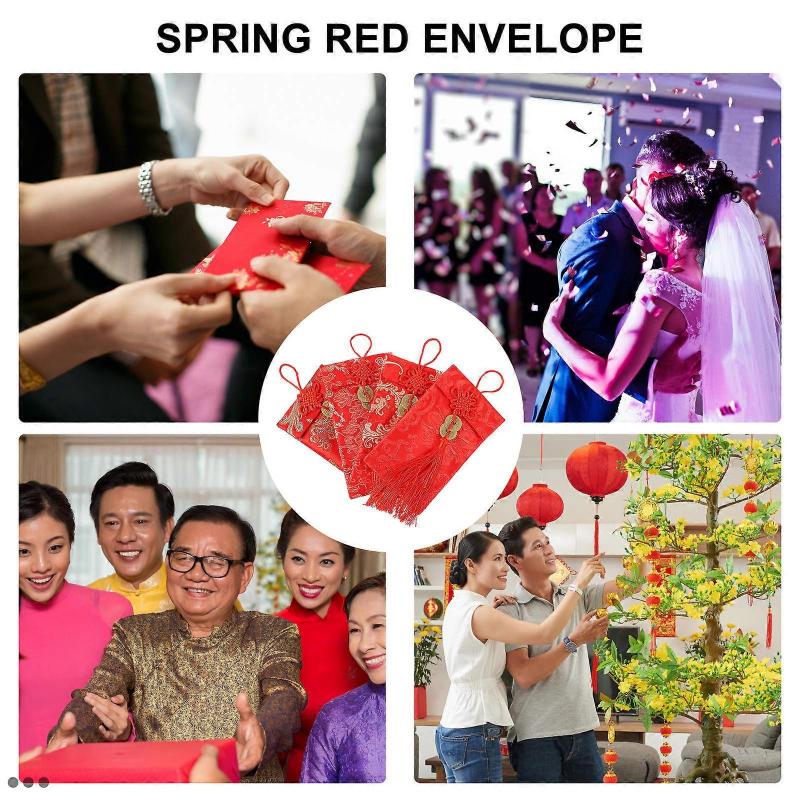 New Year Red Packet Fabric Money Holder Storage Pouch Red Satin for Wedding Festival 4Pcs