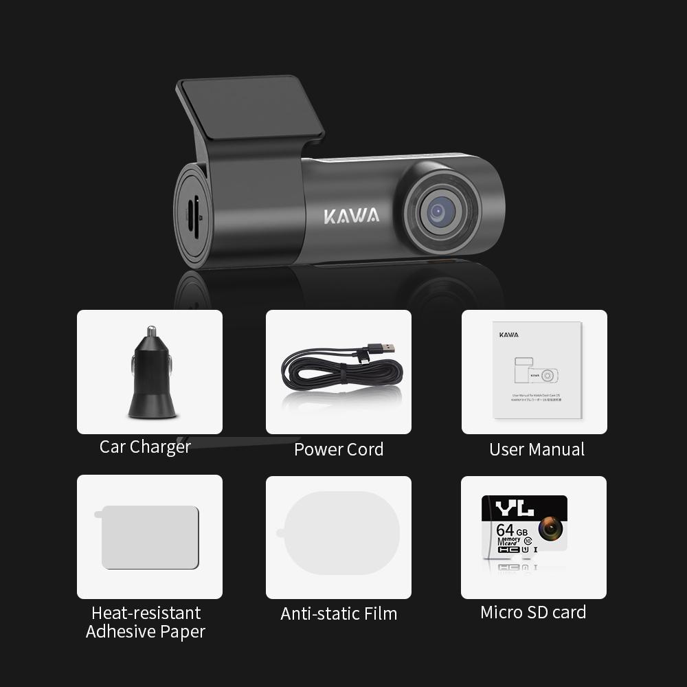 KAWA Dashcam Vorne 1296P, Sprachsteuerung, WiFi Dashcam mit WDR Nachtsicht, 360° drehbarer Körper, 145° Weitwinkel, G-Sensor, D5