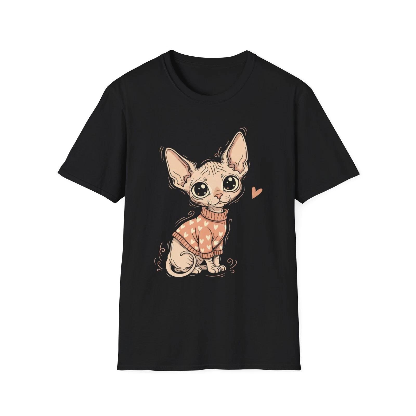 

Cat Kawaii Hearts Sweater Black Tee Cute Animal Illustration T-Shirt S