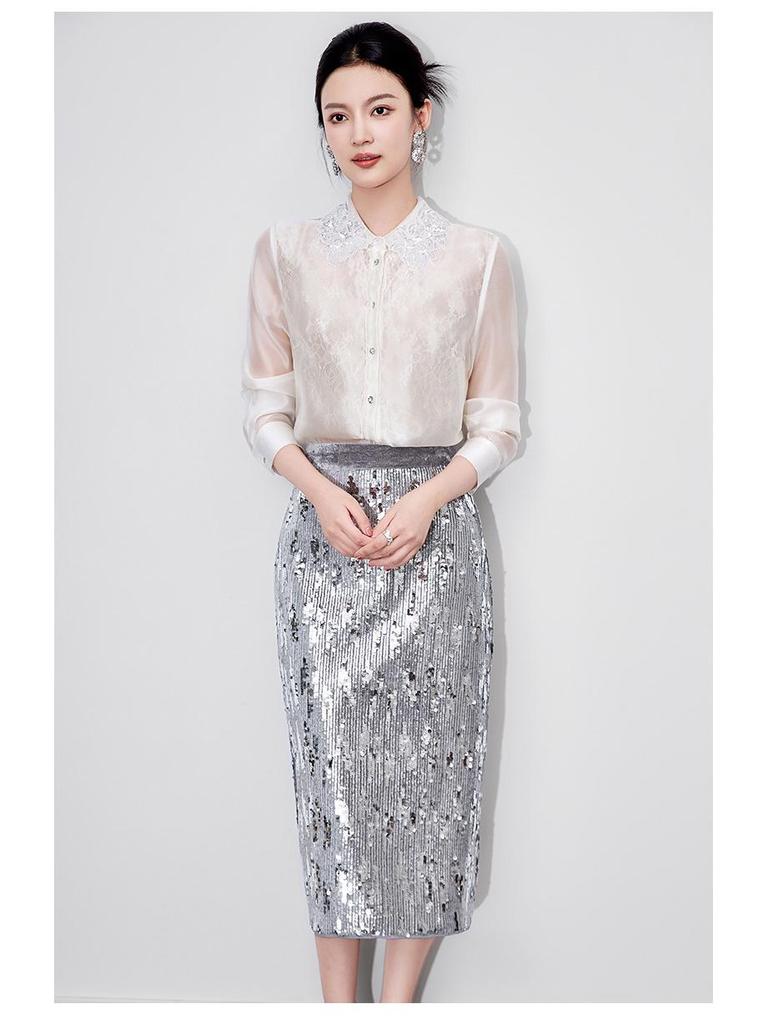 Dazzling Silver Sequin High-Waist Midi Skirt for Women - Autumn Fashion