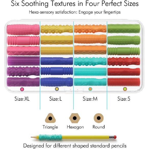Sensory Textured Silicone Fidget Toys, 24PCS Four Sizes Pencil Grips for Kids Handwriting,Classroom School Education Tool for Stress Anxiety ADHD &