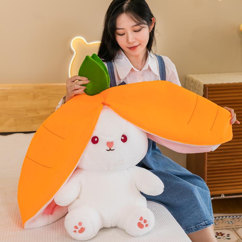 Strawberry Bunny Plush Toy with Big Ears and Carrot Stuffed Doll