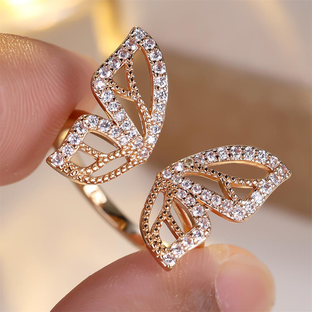 White Zircon Cute Butterfly Opening Rings For Women Vintage Gold Copper Color Engagement Ring Wedding Jewelry Mother'S Day Gifts