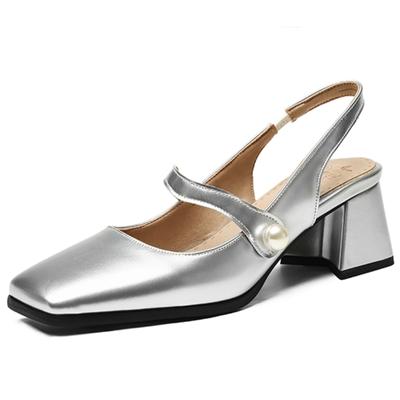Fashion Elegant Slingback Sandals Women Summer Shoes Pink Black Silver Medium Heels Close Toe Office Party Shoes Female Large Size 45