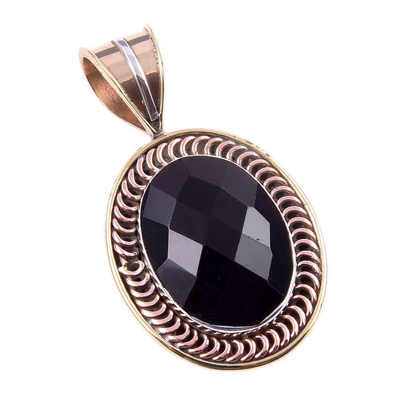 Natural Black Onyx Gemstone 925 Solid Sterling Silver TwoTone Pendant 1.50" H0L42