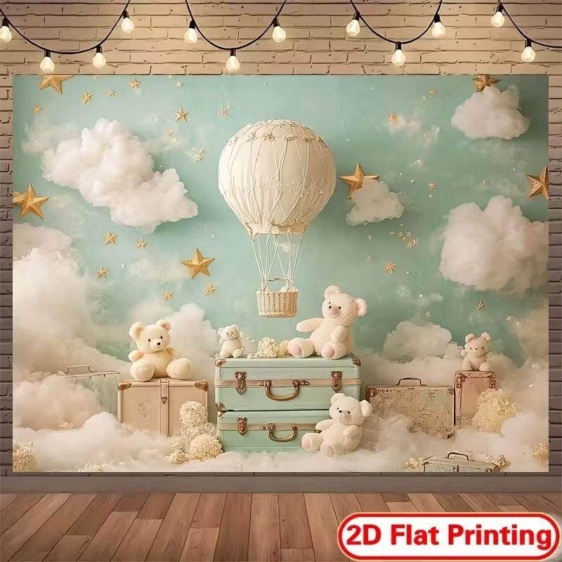 2D Teddy Bear Hot Air Balloon Backdrop Mint Green Cloud Baby Shower Photography Background