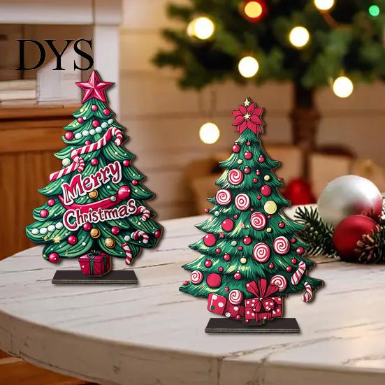 Christmas Party Favors 2D Wooden Tabletop Ornaments, Xmas Tree Santa Unique Holiday Ornaments Snowman Sign with Stand, Decorations Double Sided