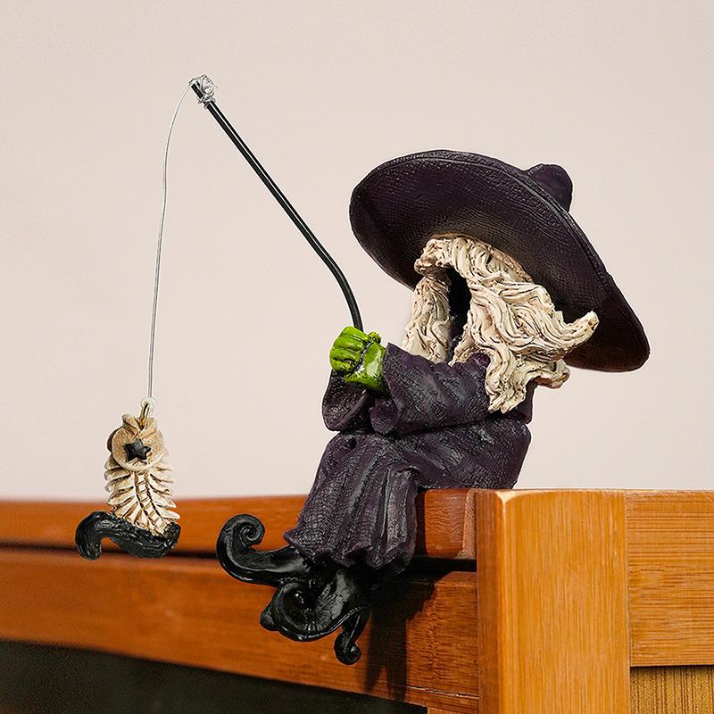 Halloween Witch Fishing Skeleton Fish Statue Outdoor Garden Pond Fisherman Statue Witch Statue Halloween Decorations