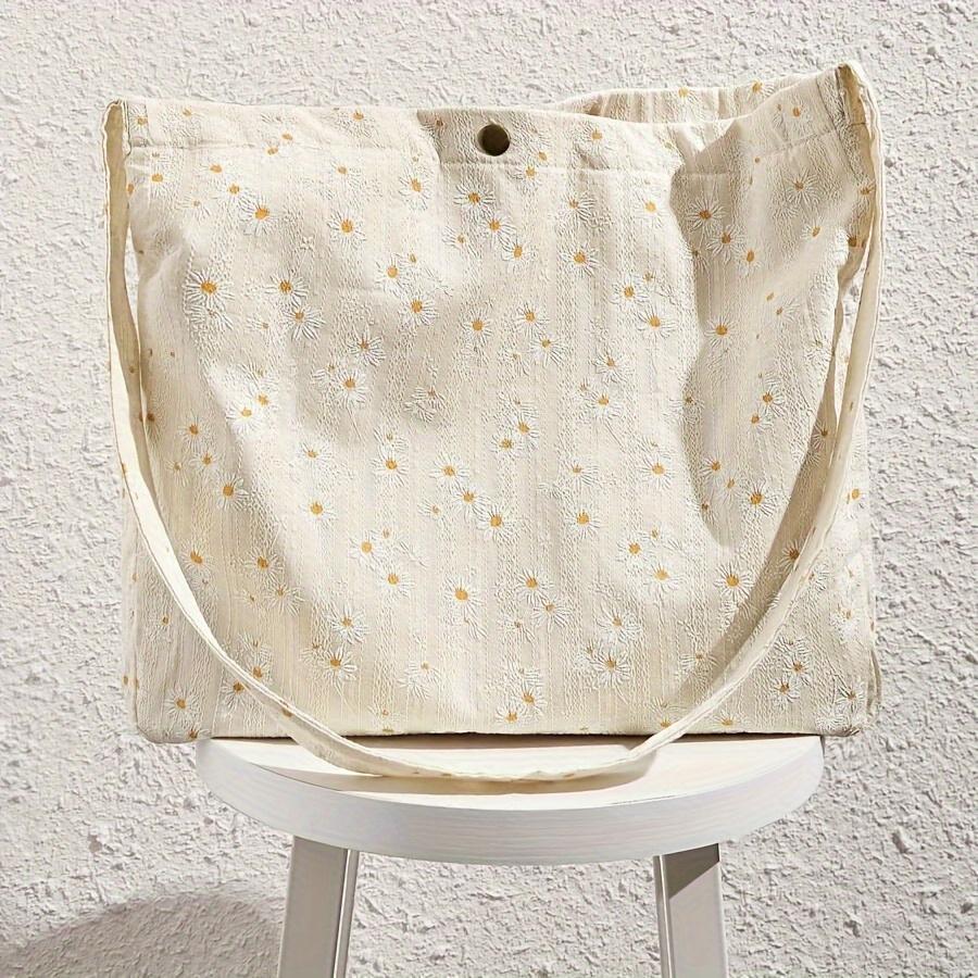 Daisy Embroidered Tote Bag for Women Sweet Style Floral Shoulder Bag with Fixed Strap Reusable Shopping/Gift Bag Perfect for Mother Day Weddings