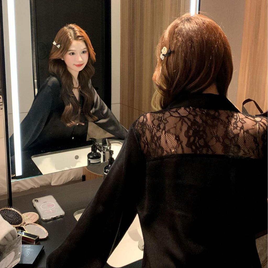 2026 Women's Ice Silk Backless Lace Long Sleeve Pajama Set