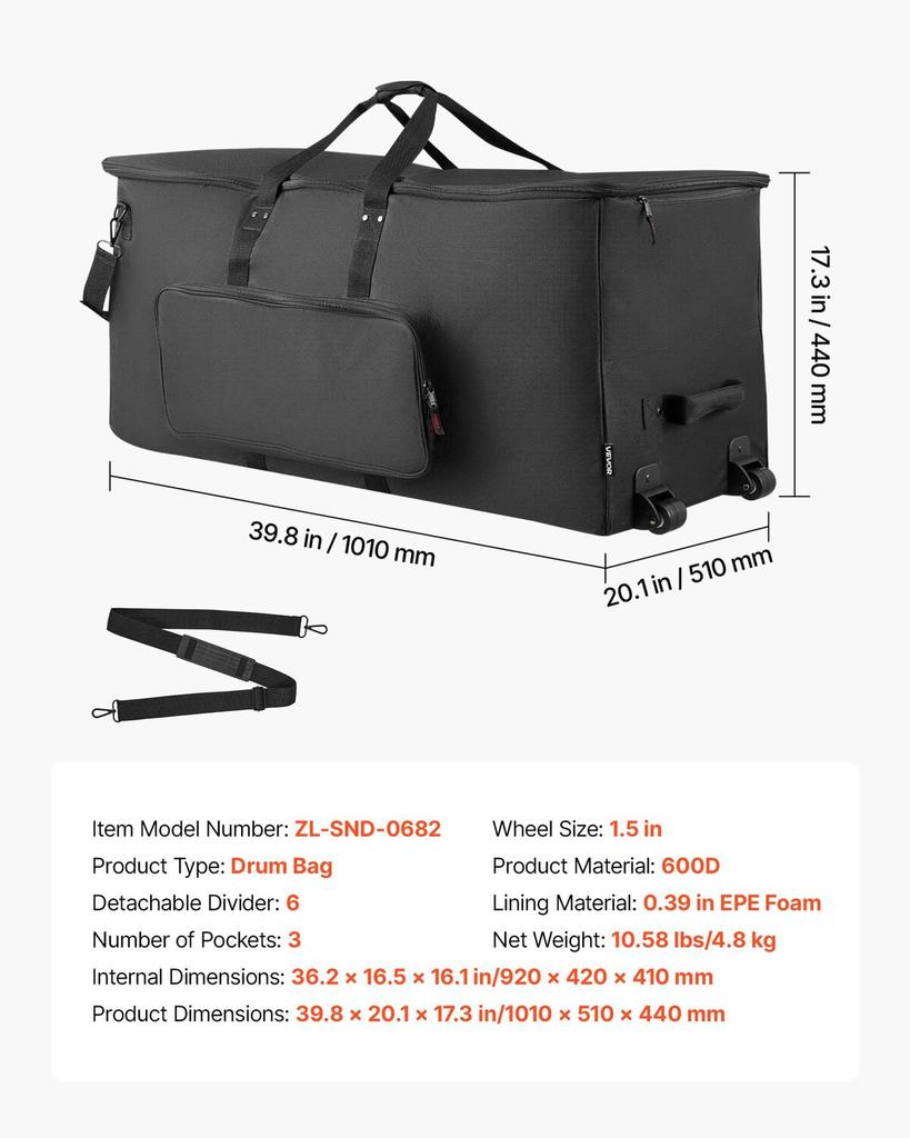 Electronic Drum Kit Bag, 600D, Padded Drum Bag with Wheels, Large 920 x 420 x 410 mm Interior, Lightweight Travel Case with Detachable Dividers, and