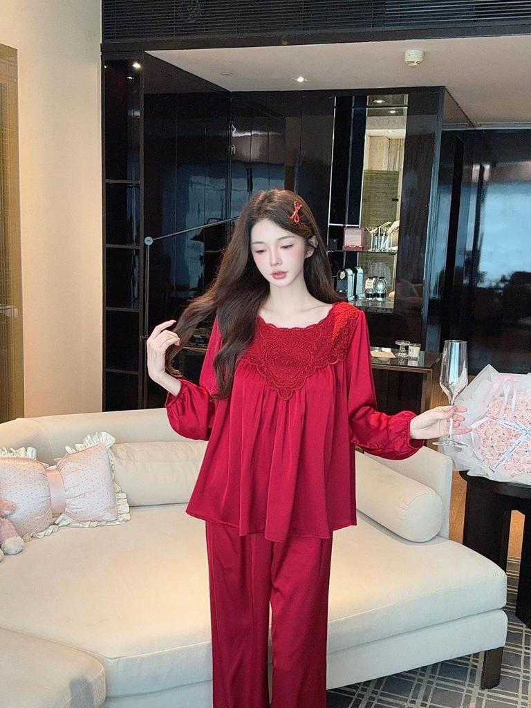 Spring Sweet Princess Lace Ice Silk Pajamas: Women's Loose Korean Court Style, Long Sleeve Pullover Top and Pants Set