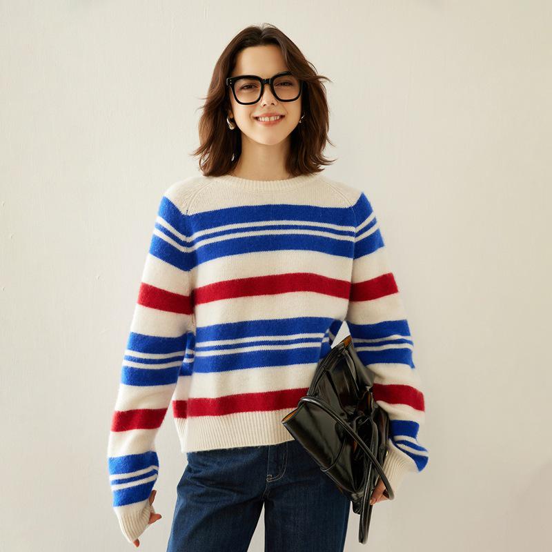 Women's Stylish Wool Knit Striped Sweater: Autumn/Winter Loose Casual Pullover, Elegant Base Layer.